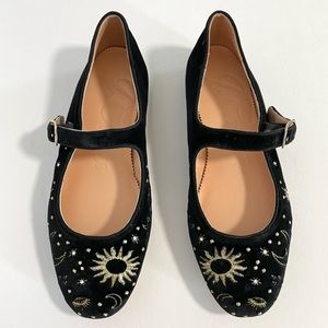 J. Crew Gold Embroidered Celestial Moon & Stars Black Velvet Mary Jane Flats